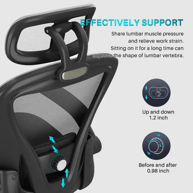 Alt view image 5 of 6 - Ninecer Ergonomic Office Chair, High Back Computer Desk Chair with Wheels, Comfy Mesh Office Chair with Adjustable Lumbar Support & Headrest, Black Swivel Executive Managerial Task Chair