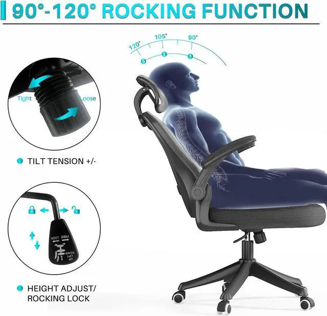 Alt view image 6 of 6 - Ninecer Ergonomic Office Chair, High Back Computer Desk Chair with Wheels, Comfy Mesh Office Chair with Adjustable Lumbar Support & Headrest, Black Swivel Executive Managerial Task Chair