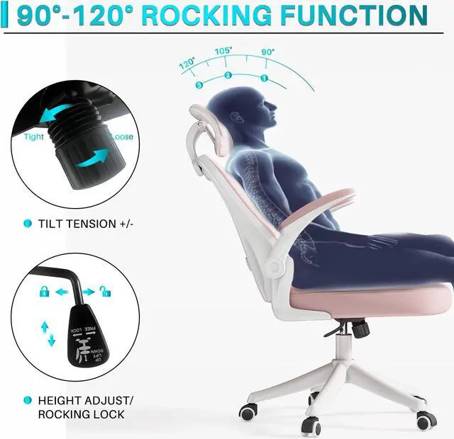 Alt view image 3 of 6 - Ninecer Ergonomic Office Chair, High Back Computer Desk Chair with Wheels, Comfy Mesh Office Chair with Adjustable Lumbar Support & Headrest, Pink Swivel Executive Managerial Task Chair