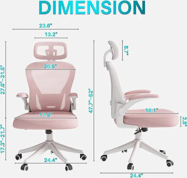 Alt view image 2 of 6 - Ninecer Ergonomic Office Chair, High Back Computer Desk Chair with Wheels, Comfy Mesh Office Chair with Adjustable Lumbar Support & Headrest, Pink Swivel Executive Managerial Task Chair