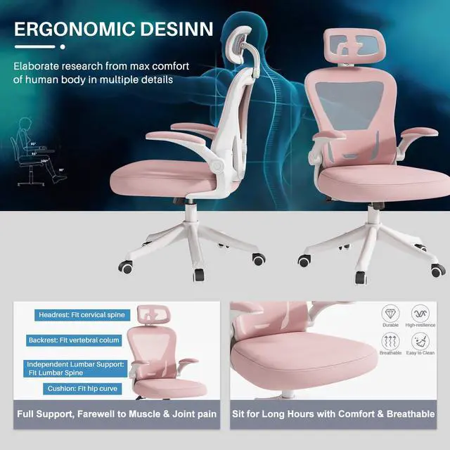 Alt view image 4 of 6 - Ninecer Ergonomic Office Chair, High Back Computer Desk Chair with Wheels, Comfy Mesh Office Chair with Adjustable Lumbar Support & Headrest, Pink Swivel Executive Managerial Task Chair