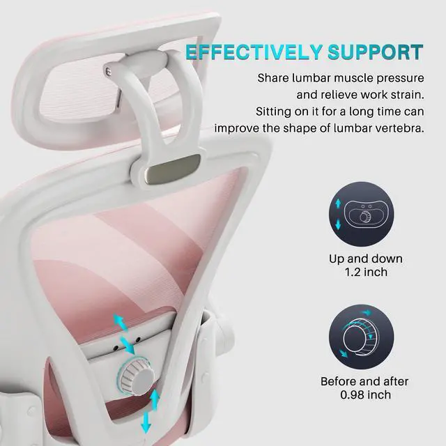 Alt view image 6 of 6 - Ninecer Ergonomic Office Chair, High Back Computer Desk Chair with Wheels, Comfy Mesh Office Chair with Adjustable Lumbar Support & Headrest, Pink Swivel Executive Managerial Task Chair