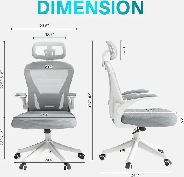 Alt view image 2 of 7 - Ninecer Ergonomic Office Chair, High Back Computer Desk Chair with Wheels, Comfy Mesh Office Chair with Adjustable Lumbar Support & Headrest, Grey Swivel Executive Managerial Task Chair