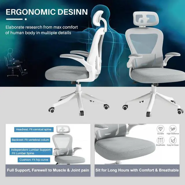 Alt view image 3 of 7 - Ninecer Ergonomic Office Chair, High Back Computer Desk Chair with Wheels, Comfy Mesh Office Chair with Adjustable Lumbar Support & Headrest, Grey Swivel Executive Managerial Task Chair