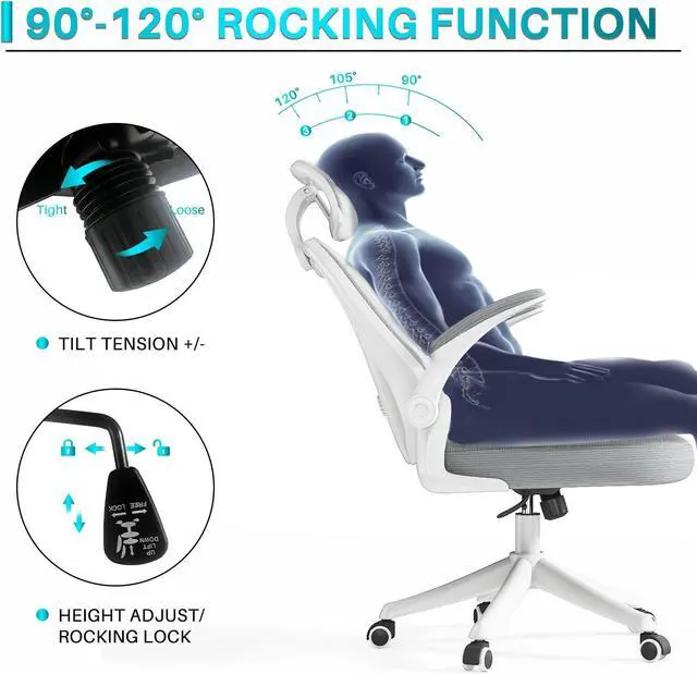 Alt view image 6 of 7 - Ninecer Ergonomic Office Chair, High Back Computer Desk Chair with Wheels, Comfy Mesh Office Chair with Adjustable Lumbar Support & Headrest, Grey Swivel Executive Managerial Task Chair