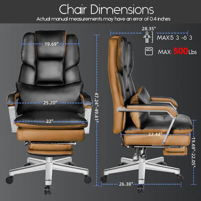 Alt view image 2 of 6 - Ninecer Big and Tall Office Chair 550 lbs, PU Leather Executive Chair Heavy Duty Desk Chairs Ergonomic Reclining Office Chair with Footrest, Black