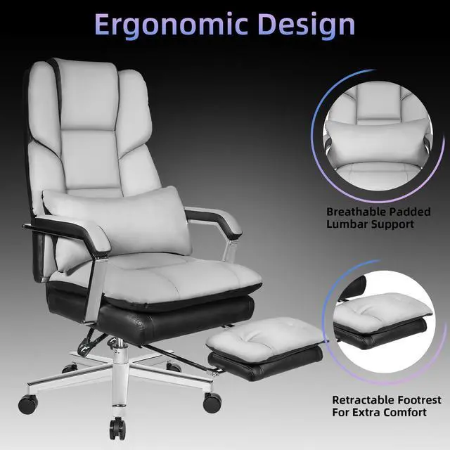 Alt view image 2 of 6 - Ninecer Big and Tall Office Chair 550 lbs, PU Leather Executive Chair Heavy Duty Desk Chairs Ergonomic Reclining Office Chair with Footrest, Grey