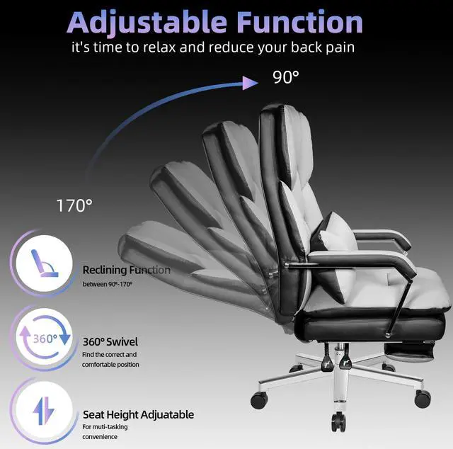 Alt view image 3 of 6 - Ninecer Big and Tall Office Chair 550 lbs, PU Leather Executive Chair Heavy Duty Desk Chairs Ergonomic Reclining Office Chair with Footrest, Grey