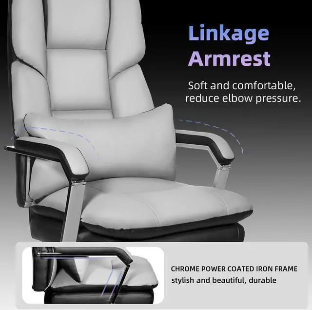 Alt view image 4 of 6 - Ninecer Big and Tall Office Chair 550 lbs, PU Leather Executive Chair Heavy Duty Desk Chairs Ergonomic Reclining Office Chair with Footrest, Grey