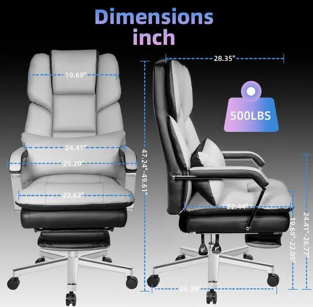 Alt view image 5 of 6 - Ninecer Big and Tall Office Chair 550 lbs, PU Leather Executive Chair Heavy Duty Desk Chairs Ergonomic Reclining Office Chair with Footrest, Grey
