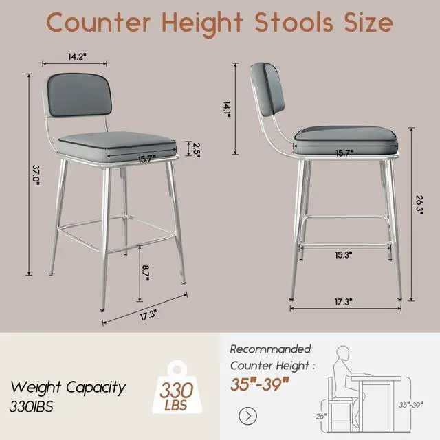 Alt view image 2 of 7 - Ninecer 26" Counter Height Chair, Modern Metal Frame Bar stools with Lumbar Support and Footrest, Gray (Set of 2)