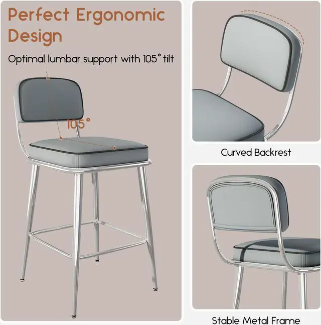 Alt view image 5 of 7 - Ninecer 26" Counter Height Chair, Modern Metal Frame Bar stools with Lumbar Support and Footrest, Gray (Set of 2)