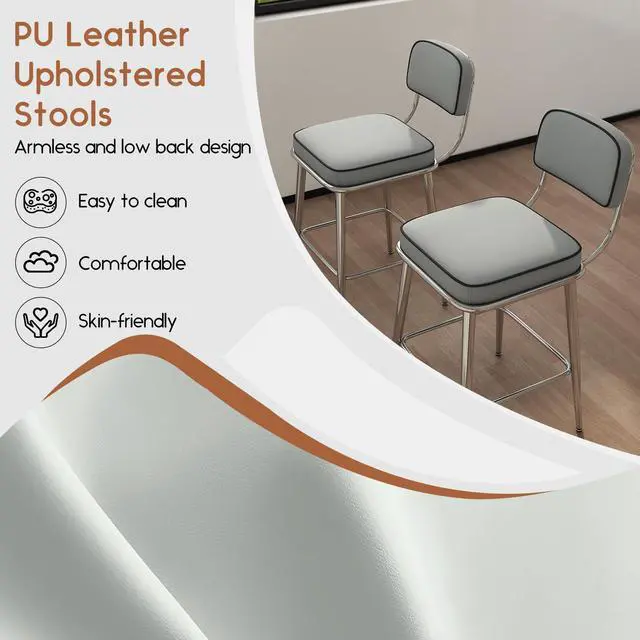 Alt view image 3 of 7 - Ninecer 26" Counter Height Chair, Modern Metal Frame Bar stools with Lumbar Support and Footrest, Gray (Set of 2)