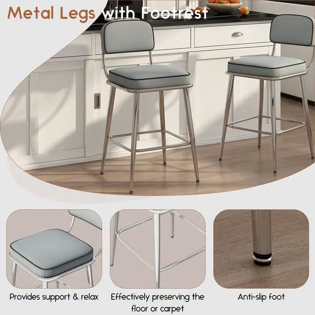 Alt view image 6 of 7 - Ninecer 26" Counter Height Chair, Modern Metal Frame Bar stools with Lumbar Support and Footrest, Gray (Set of 2)