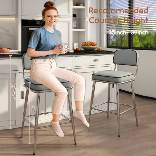 Alt view image 7 of 7 - Ninecer 26" Counter Height Chair, Modern Metal Frame Bar stools with Lumbar Support and Footrest, Gray (Set of 2)