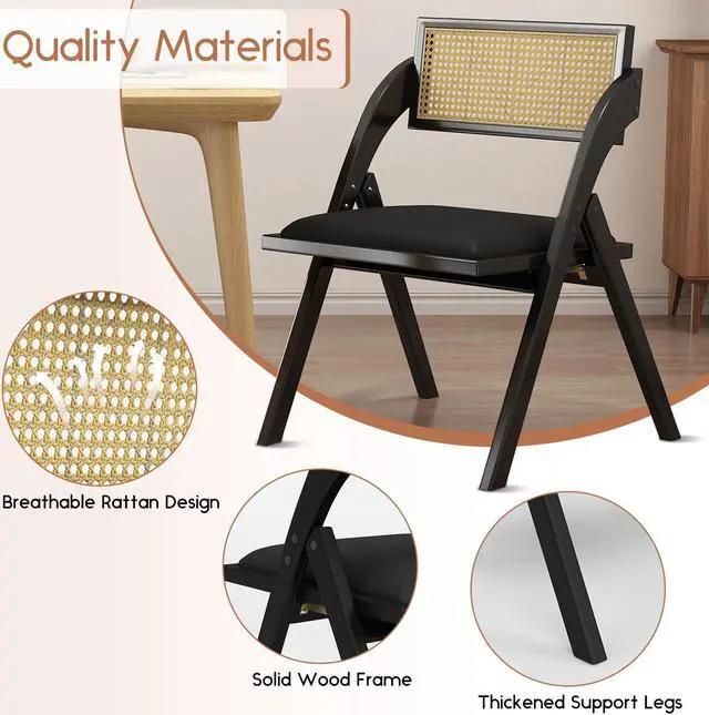 Alt view image 3 of 7 - Ninecer Modern Dining Chair, Folding Wooden Dining Chair with Rattan Backrest,  Black (Set of 2)