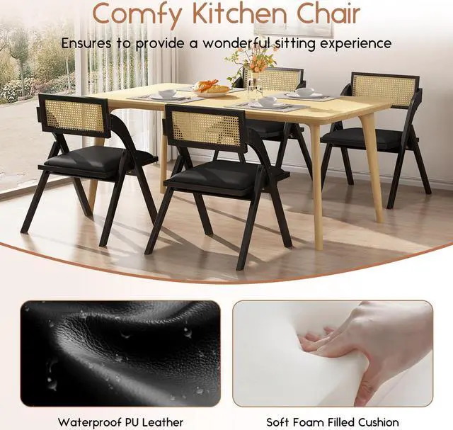 Alt view image 4 of 7 - Ninecer Modern Dining Chair, Folding Wooden Dining Chair with Rattan Backrest,  Black (Set of 2)