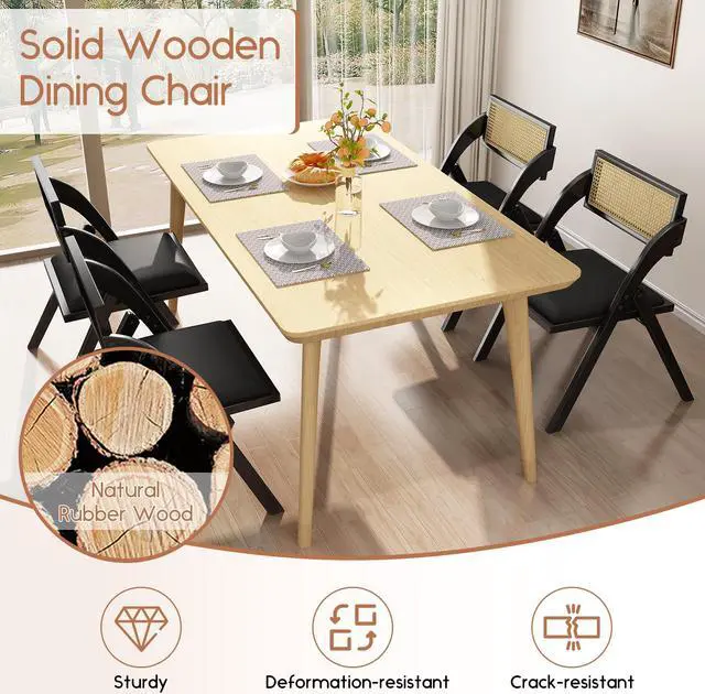 Alt view image 5 of 7 - Ninecer Modern Dining Chair, Folding Wooden Dining Chair with Rattan Backrest,  Black (Set of 2)