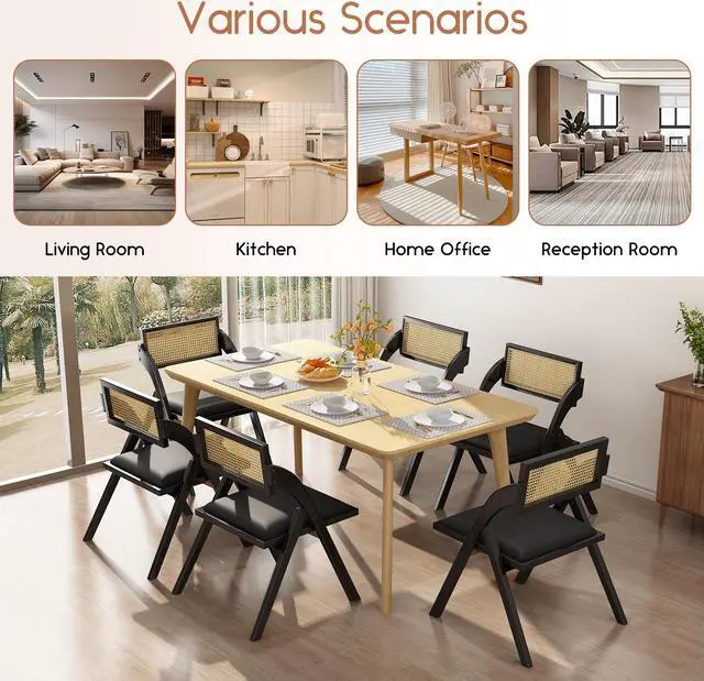 Alt view image 6 of 7 - Ninecer Modern Dining Chair, Folding Wooden Dining Chair with Rattan Backrest,  Black (Set of 2)