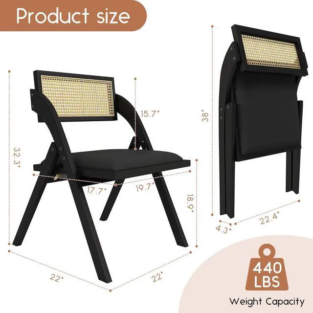 Alt view image 2 of 7 - Ninecer Modern Dining Chair, Folding Wooden Dining Chair with Rattan Backrest,  Black (Set of 2)