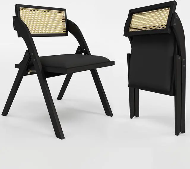 Main image of Ninecer Modern Dining Chair, Folding Wooden Dining Chair with Rattan Backrest,  Black (Set of 2)