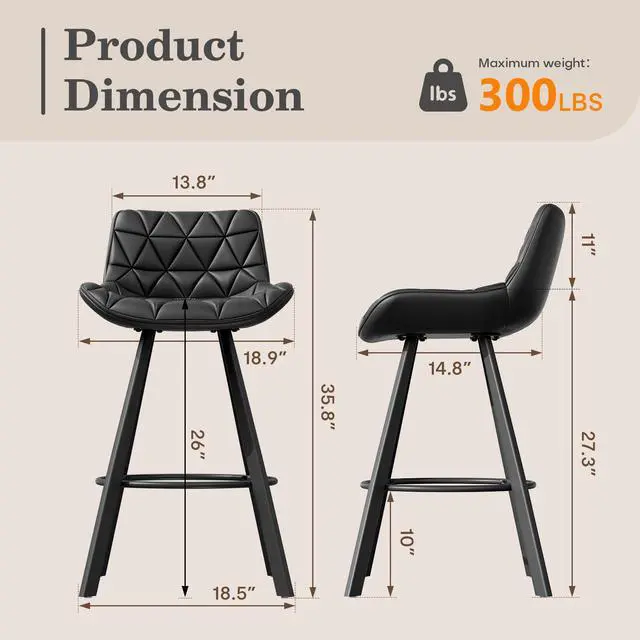 Alt view image 2 of 7 - Ninecer 26 Inch Counter Height Bar Stools Set of 3, Faux Leather Bar Chairs with Low Back and Footrest, Upholstered Kitchen Island Barstools for Home Dining, Black