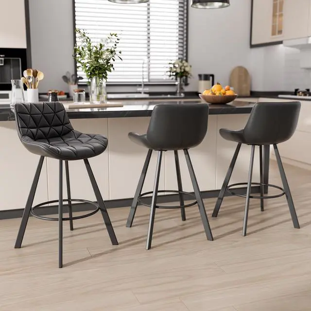 Main image of Ninecer 26 Inch Counter Height Bar Stools Set of 3, Faux Leather Bar Chairs with Low Back and Footrest, Upholstered Kitchen Island Barstools for Home Dining, Black