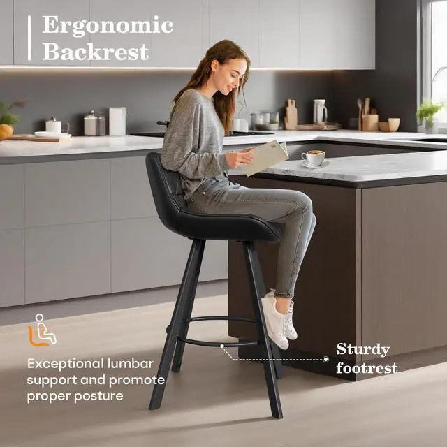 Alt view image 3 of 7 - Ninecer 26 Inch Counter Height Bar Stools Set of 3, Faux Leather Bar Chairs with Low Back and Footrest, Upholstered Kitchen Island Barstools for Home Dining, Black