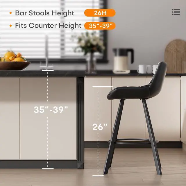 Alt view image 5 of 7 - Ninecer 26 Inch Counter Height Bar Stools Set of 3, Faux Leather Bar Chairs with Low Back and Footrest, Upholstered Kitchen Island Barstools for Home Dining, Black
