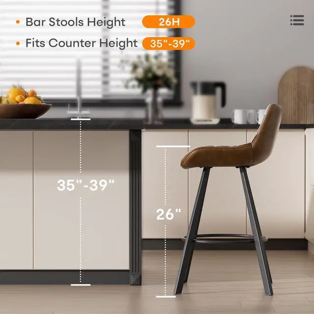 Alt view image 3 of 7 - Ninecer 26 Inch Counter Height Bar Stools Set of 3, Faux Leather Bar Chairs with Low Back and Footrest, Upholstered Kitchen Island Barstools for Home Dining, Brown