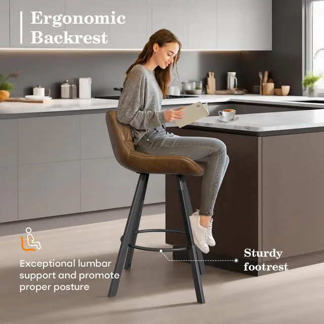 Alt view image 4 of 7 - Ninecer 26 Inch Counter Height Bar Stools Set of 3, Faux Leather Bar Chairs with Low Back and Footrest, Upholstered Kitchen Island Barstools for Home Dining, Brown