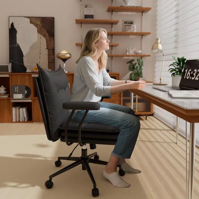 Main image of Ninecer Leather Desk Chair with Wheels,Three-Layers Thicken Wide Seat Height Adjustable,Mid Back,Computer Office Chair for Home Office Black