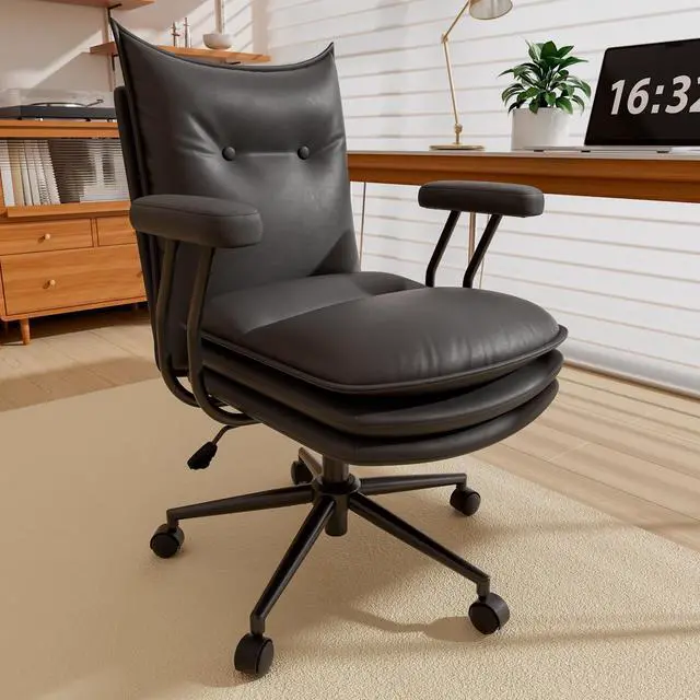 Alt view image 2 of 7 - Ninecer Leather Desk Chair with Wheels,Three-Layers Thicken Wide Seat Height Adjustable,Mid Back,Computer Office Chair for Home Office Black