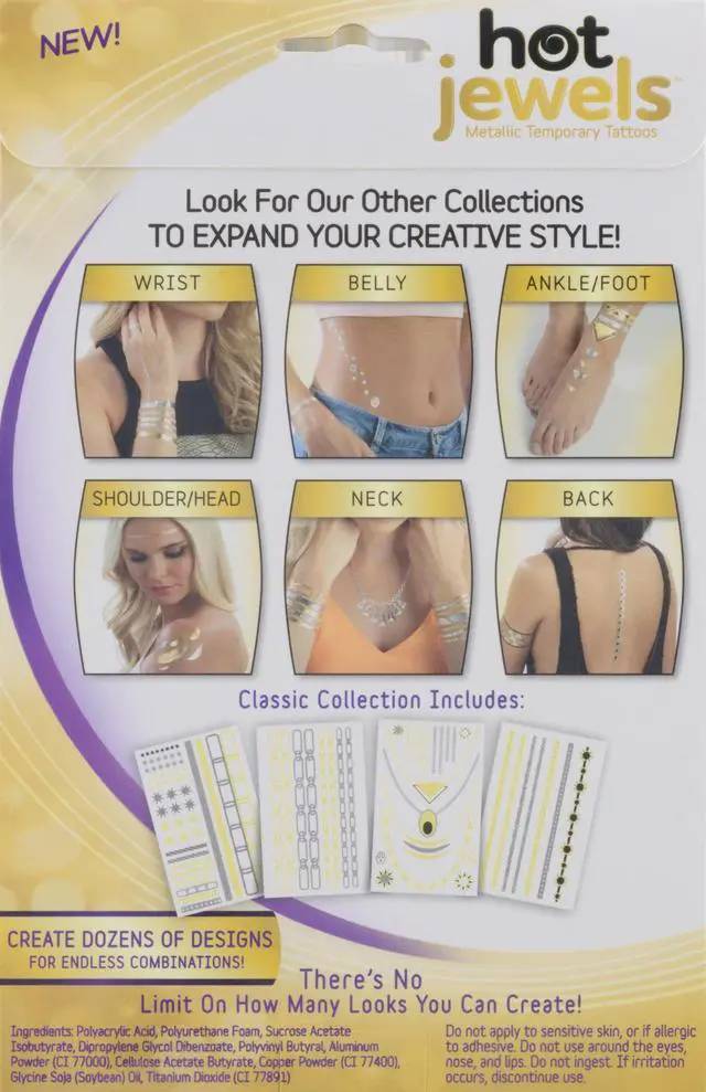 Alt view image 4 of 8 - Hot Jewels Metallic Temporary Tattoos set of 4 sheets Classic