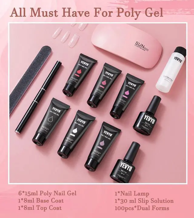 Alt view image 5 of 6 - Poly Gel Nail Kit, YEVYO Poly Nail Gel Kit with UV Lamp for Beginners with Everything, Gel Extension Nail Kit with Slip Solution