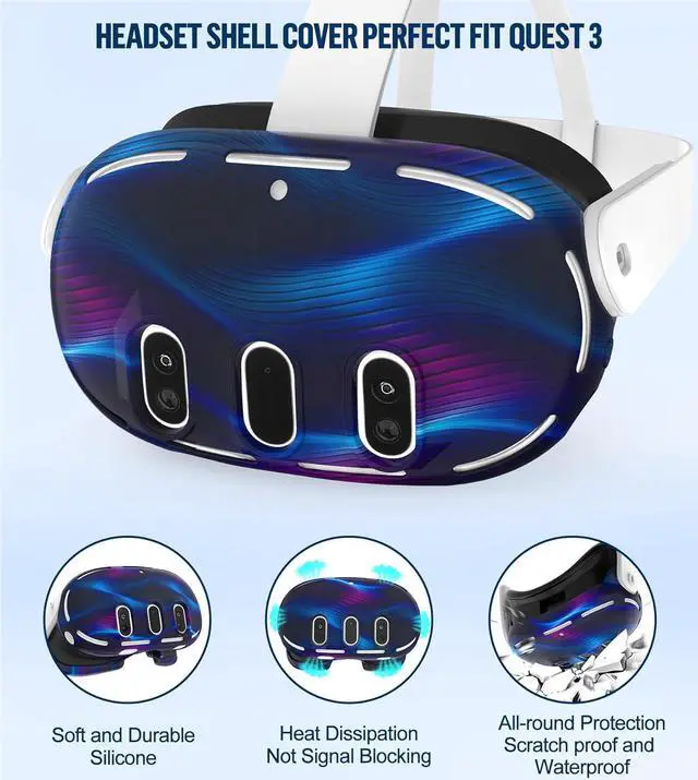 Alt view image 2 of 7 - Silicone Cover Set Compatible with Oculus/Meta Quest 3, Touch Controller Grips Cover, VR Shell Cover, Facial Interface Cover, Protective Lens Cover, Tempered Glass Lens Caps (Aurora Blue)