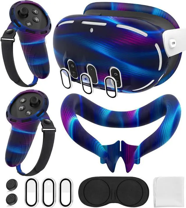 Main image of Silicone Cover Set Compatible with Oculus/Meta Quest 3, Touch Controller Grips Cover, VR Shell Cover, Facial Interface Cover, Protective Lens Cover, Tempered Glass Lens Caps (Aurora Blue)