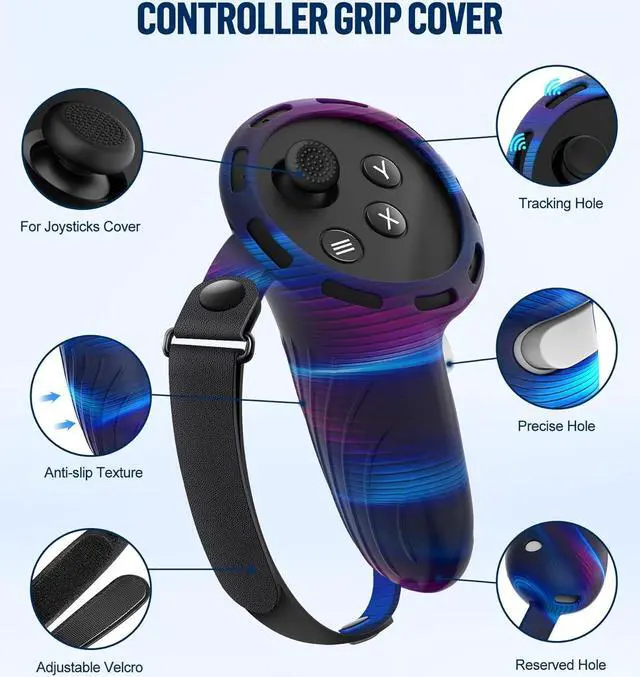 Alt view image 3 of 7 - Silicone Cover Set Compatible with Oculus/Meta Quest 3, Touch Controller Grips Cover, VR Shell Cover, Facial Interface Cover, Protective Lens Cover, Tempered Glass Lens Caps (Aurora Blue)