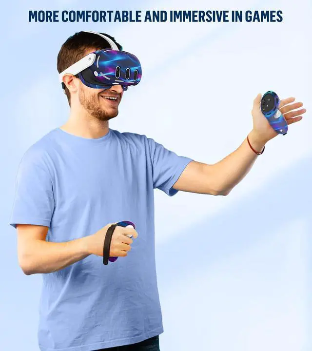 Alt view image 7 of 7 - Silicone Cover Set Compatible with Oculus/Meta Quest 3, Touch Controller Grips Cover, VR Shell Cover, Facial Interface Cover, Protective Lens Cover, Tempered Glass Lens Caps (Aurora Blue)