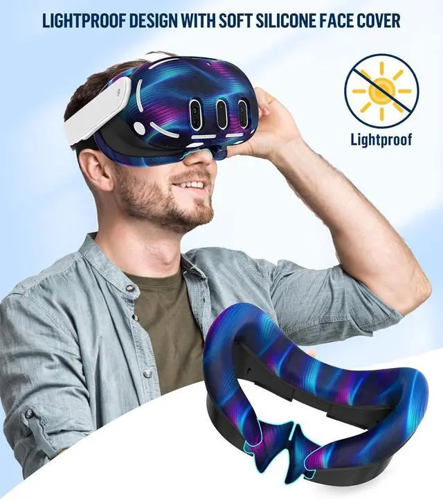 Alt view image 5 of 7 - Silicone Cover Set Compatible with Oculus/Meta Quest 3, Touch Controller Grips Cover, VR Shell Cover, Facial Interface Cover, Protective Lens Cover, Tempered Glass Lens Caps (Aurora Blue)