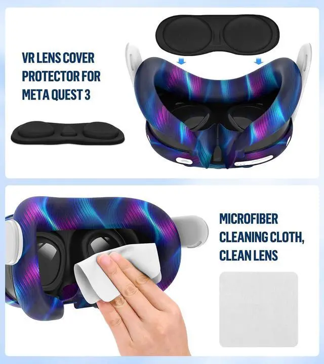 Alt view image 6 of 7 - Silicone Cover Set Compatible with Oculus/Meta Quest 3, Touch Controller Grips Cover, VR Shell Cover, Facial Interface Cover, Protective Lens Cover, Tempered Glass Lens Caps (Aurora Blue)