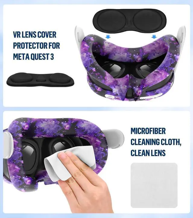 Alt view image 6 of 7 - Silicone Cover Set Compatible with Oculus/Meta Quest 3, Touch Controller Grips Cover, VR Shell Cover, Facial Interface Cover, Protective Lens Cover, Tempered Glass Lens Caps (Aurora Purple)