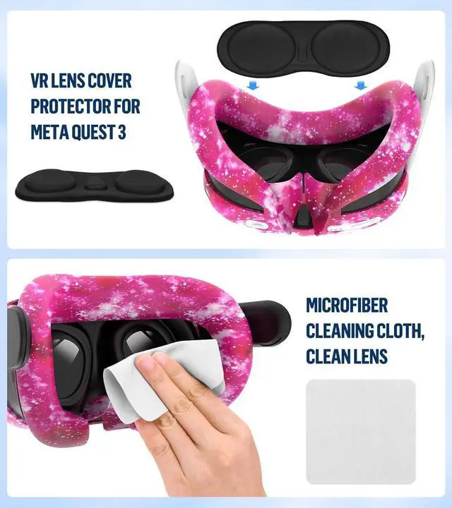 Alt view image 6 of 6 - Silicone Cover Set Compatible with Oculus/Meta Quest 3, Touch Controller Grips Cover, VR Shell Cover, Facial Interface Cover, Protective Lens Cover, Tempered Glass Lens Caps (Pink)