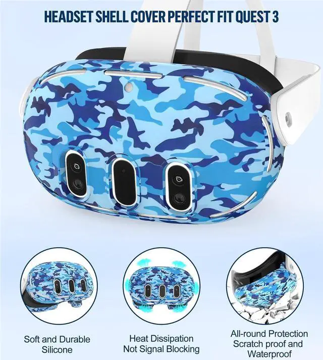 Alt view image 2 of 7 - Silicone Cover Set Compatible with Oculus/Meta Quest 3, Touch Controller Grips Cover, VR Shell Cover, Facial Interface Cover, Protective Lens Cover, Tempered Glass Lens Caps (Camouflage Blue)