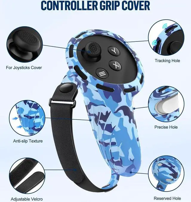 Alt view image 3 of 7 - Silicone Cover Set Compatible with Oculus/Meta Quest 3, Touch Controller Grips Cover, VR Shell Cover, Facial Interface Cover, Protective Lens Cover, Tempered Glass Lens Caps (Camouflage Blue)