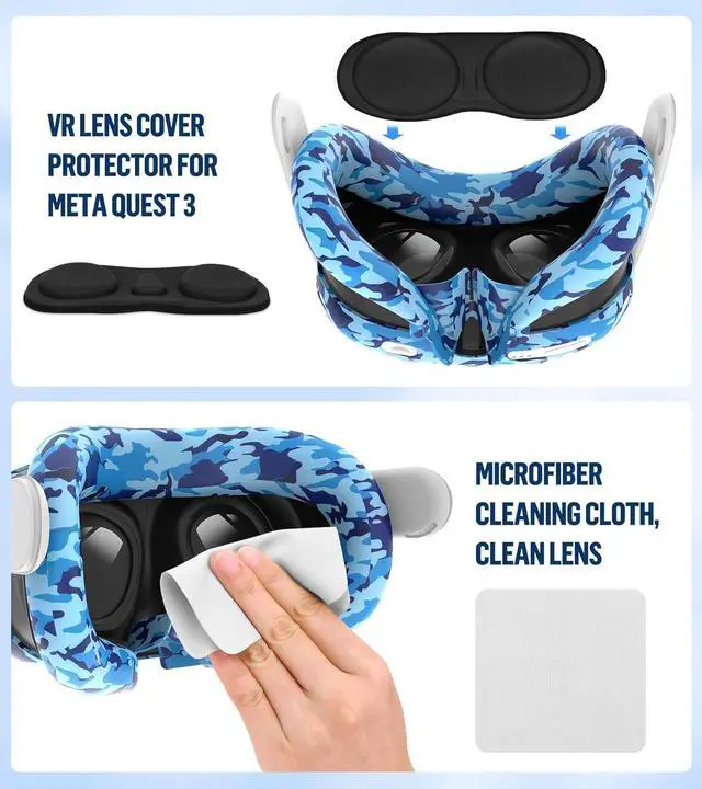 Alt view image 6 of 7 - Silicone Cover Set Compatible with Oculus/Meta Quest 3, Touch Controller Grips Cover, VR Shell Cover, Facial Interface Cover, Protective Lens Cover, Tempered Glass Lens Caps (Camouflage Blue)