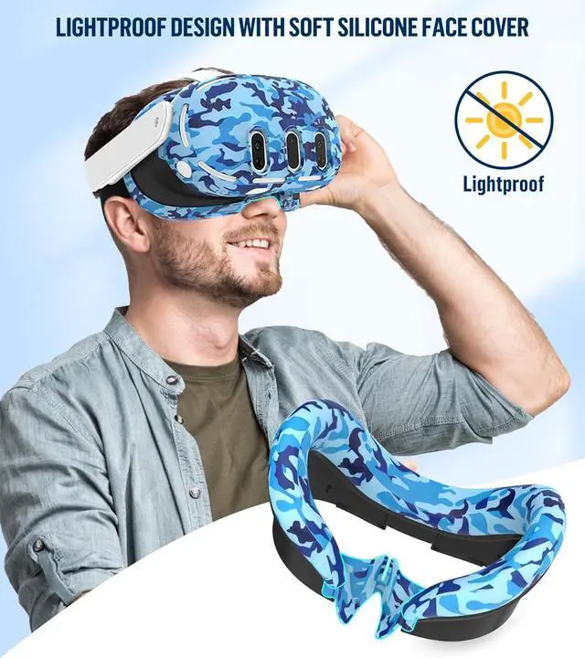 Alt view image 5 of 7 - Silicone Cover Set Compatible with Oculus/Meta Quest 3, Touch Controller Grips Cover, VR Shell Cover, Facial Interface Cover, Protective Lens Cover, Tempered Glass Lens Caps (Camouflage Blue)