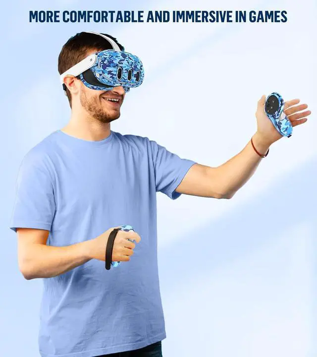 Alt view image 7 of 7 - Silicone Cover Set Compatible with Oculus/Meta Quest 3, Touch Controller Grips Cover, VR Shell Cover, Facial Interface Cover, Protective Lens Cover, Tempered Glass Lens Caps (Camouflage Blue)