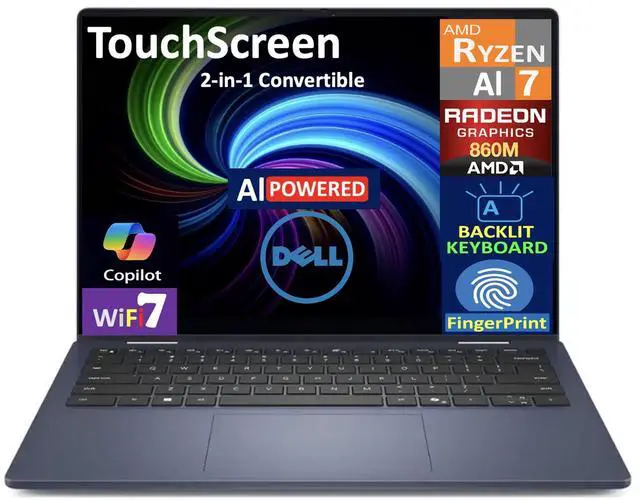 Main image of Dell 14 2-in-1 Laptop 14 inch LCD WUXGA Touchscreen Display, AMD Ryzen AI 7 350, 16GB LPDDR5X, 1TB SSD, Backlit KB, Fingerprint, WiFi 7, Webcam, Bluetooth 5.4, Win 11 Home