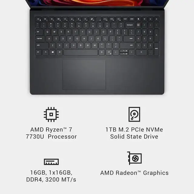 Alt view image 5 of 7 - Dell - DC15255 - 15.6 inch FHD (1920x 1080) Laptop - AMD Ryzen 7 7730U Processor- 16GB Memory - 1TB SSD, Windows 11 - Carbon Black